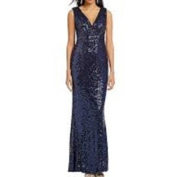 Badgley Mischka Belle Collection “Modele” Navy Sleeveless Sequined Gown Size 8 - Picture 2 of 8